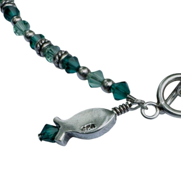 Vintage 925 Silver & Emerald Green Beaded Fish Charm Anklet - Picture 4 of 8